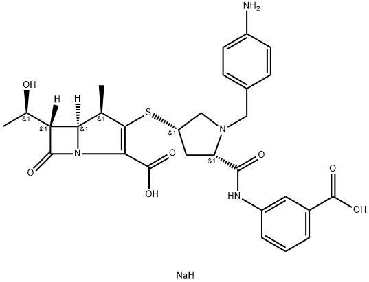 (4R,5S,6S)-3-[[(3S,5S)-1-[(4-Aminophenyl)methyl]-5-[[(3-carboxyphenyl)amino]carbonyl]-3-pyrrolidinyl]thio]-6-[(1R)-1-hydroxyethyl]-4-methyl-7-oxo-1-Azabicyclo[3.2.0]hept-2-ene-2-carboxylic Acid Sodium Salt Struktur