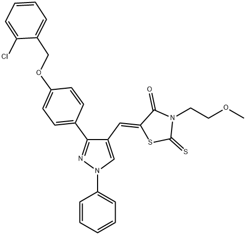 (5Z)-5-[[3-[4-[(2-chlorophenyl)methoxy]phenyl]-1-phenylpyrazol-4-yl]methylidene]-3-(2-methoxyethyl)-2-sulfanylidene-1,3-thiazolidin-4-one Struktur