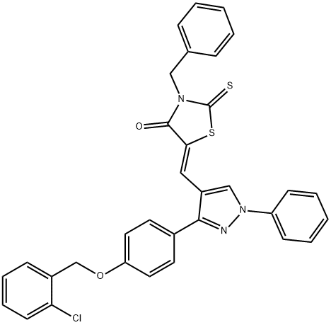 (5Z)-3-benzyl-5-[[3-[4-[(2-chlorophenyl)methoxy]phenyl]-1-phenylpyrazol-4-yl]methylidene]-2-sulfanylidene-1,3-thiazolidin-4-one Struktur