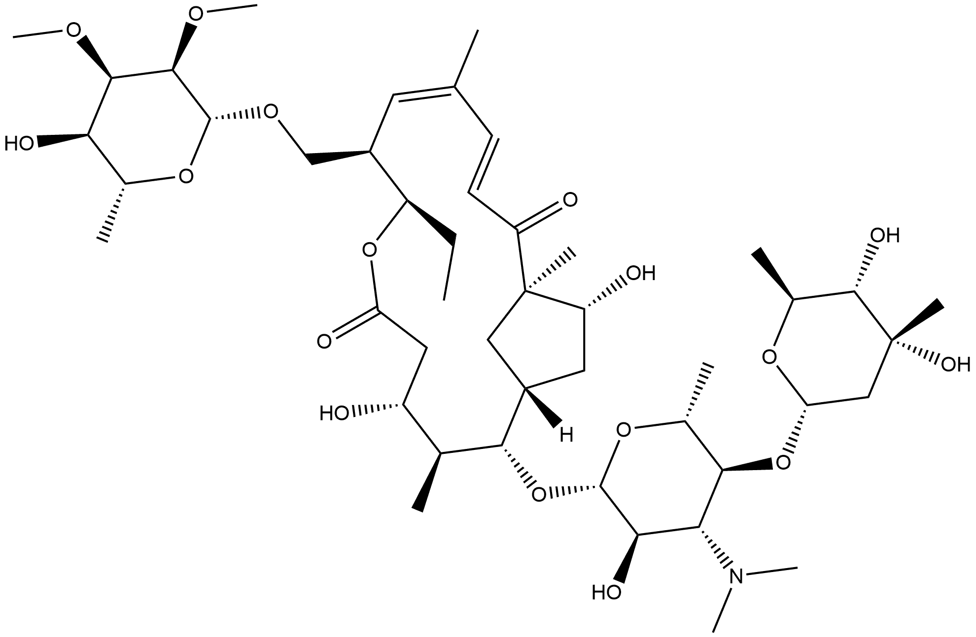 7-Oxabicyclo[13.2.1]octadeca-10,12-diene-6,14-dione, 9-[[(6-deoxy-2,3-di-O-methyl-β-D-allopyranosyl)oxy]methyl]-2-[[3,6-dideoxy-4-O-(2,6-dideoxy-3-C-methyl-α-L-ribo-hexopyranosyl)-3-(dimethylamino)-β-D-glucopyranosyl]oxy]-8-ethyl-4,16-dihydroxy-3,11,15-trimethyl-, (1R,2S,3S,4R,8R,9R,10Z,12E,15R,16R)- Structure