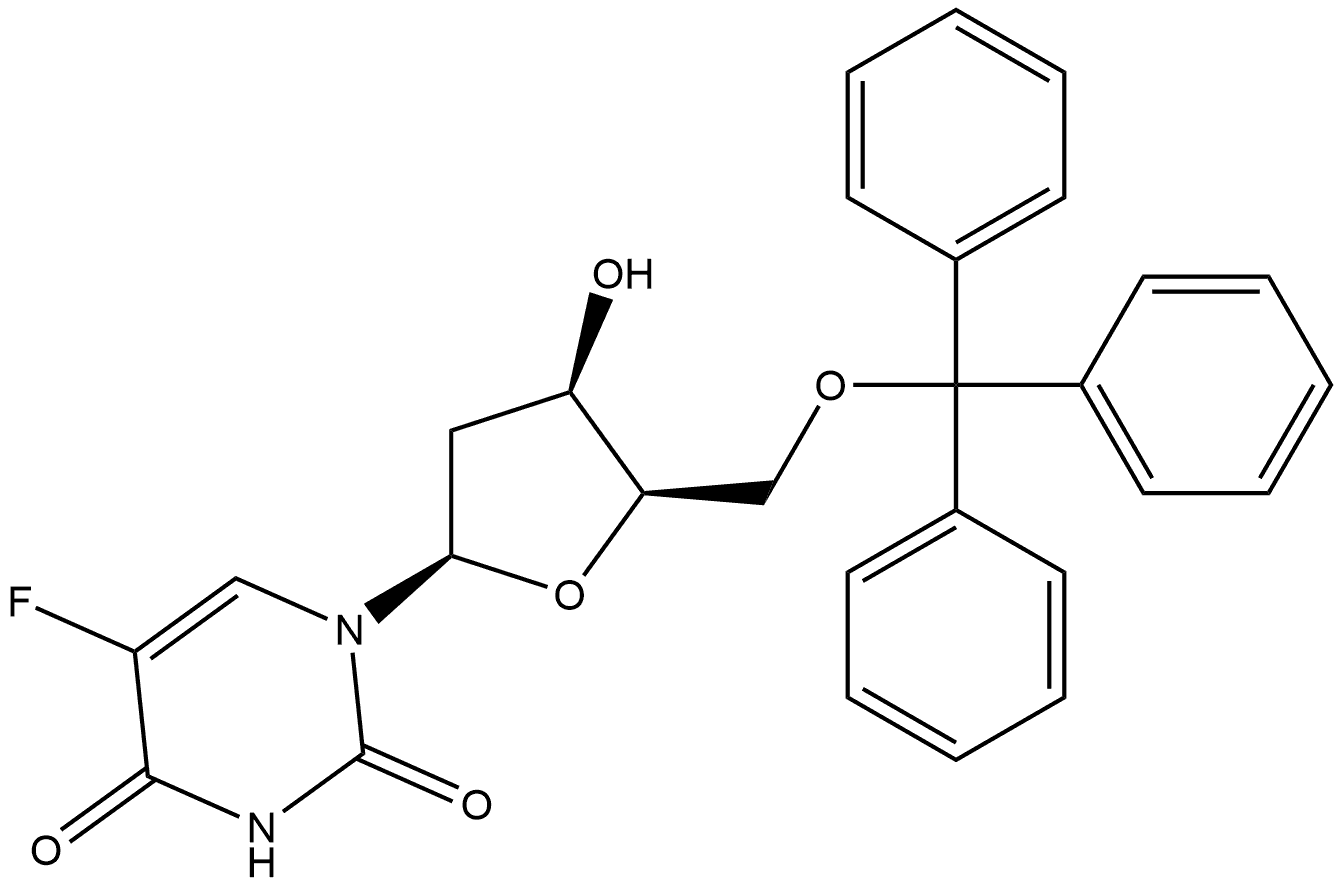 2,4(1H,3H)-Pyrimidinedione, 1-[2-deoxy-5-O-(triphenylmethyl)-β-D-threo-pentofuranosyl]-5-fluoro- Struktur
