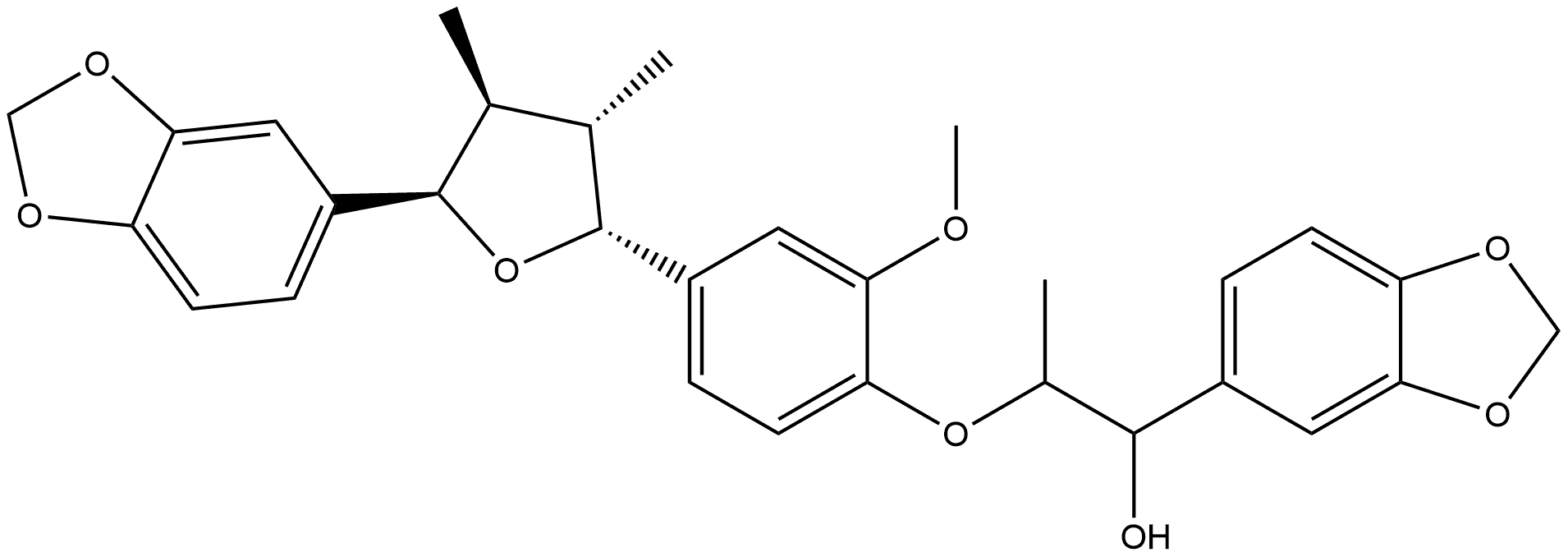1,3-Benzodioxole-5-methanol, α-[1-[4-[(2R,3S,4S,5R)-5-(1,3-benzodioxol-5-yl)tetrahydro-3,4-dimethyl-2-furanyl]-2-methoxyphenoxy]ethyl]-, rel-(-)- Struktur