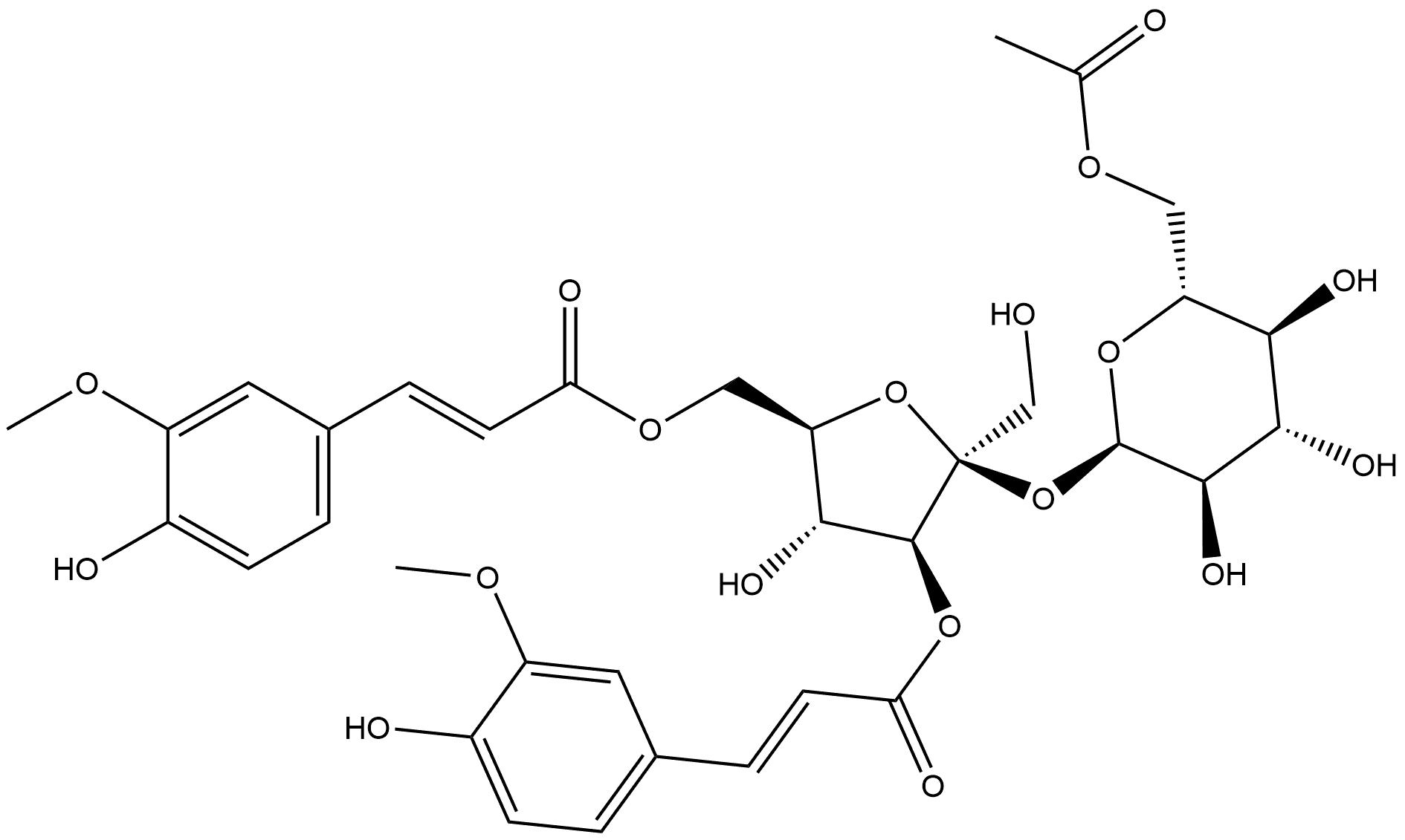 α-D-Glucopyranoside, 3,6-bis-O-[(2E)-3-(4-hydroxy-3-methoxyphenyl)-1-oxo-2-propen-1-yl]-β-D-fructofuranosyl, 6-acetate Struktur