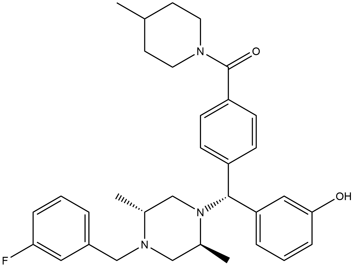 [4-[(R)-[(2S,5R)-4-[(3-Fluorophenyl)methyl]-2,5-dimethyl-1-piperazinyl](3-hydroxyphenyl)methyl]phenyl](4-methyl-1-piperidinyl)methanone Struktur