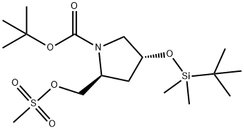 1-Pyrrolidinecarboxylic acid, 4-[[(1,1-dimethylethyl)dimethylsilyl]oxy]-2-[[(methylsulfonyl)oxy]methyl]-, 1,1-dimethylethyl ester, (2S,4R)- Struktur