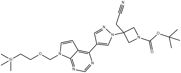 1-Azetidinecarboxylic acid, 3-(cyanomethyl)-3-[4-[7-[[2-(trimethylsilyl)ethoxy]methyl]-7H-pyrrolo[2,3-d]pyrimidin-4-yl]-1H-pyrazol-1-yl]-, 1,1-dimethylethyl ester Struktur