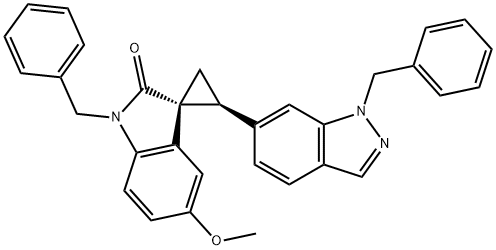 Spiro[cyclopropane-1,3'-[3H]indol]-2'(1'H)-one, 5'-methoxy-1'-(phenylmethyl)-2-[1-(phenylmethyl)-1H-indazol-6-yl]-, (1R,2S)- Struktur