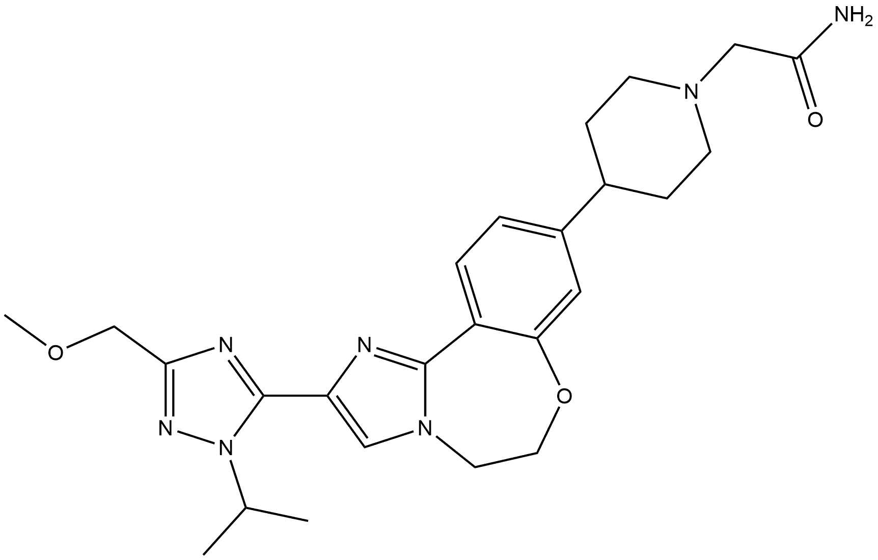 4-[5,6-Dihydro-2-[3-(methoxymethyl)-1-(1-methylethyl)-1H-1,2,4-triazol-5-yl]imidazo[1,2-d][1,4]benzoxazepin-9-yl]-1-piperidineacetamide Struktur