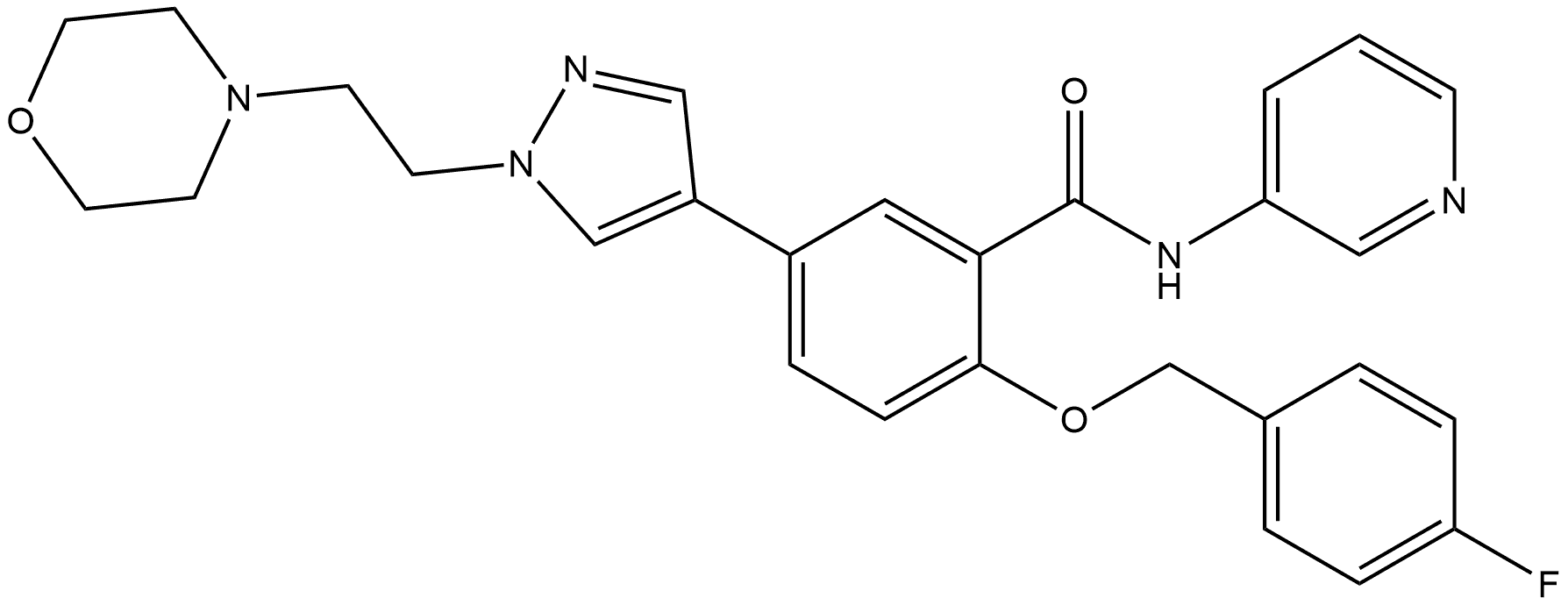 2-[(4-Fluorophenyl)methoxy]-5-[1-[2-(4-morpholinyl)ethyl]-1H-pyrazol-4-yl]-N-3-pyridinylbenzamide Struktur