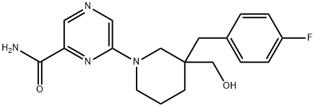 2-Pyrazinecarboxamide, 6-[3-[(4-fluorophenyl)methyl]-3-(hydroxymethyl)-1-piperidinyl]- Struktur