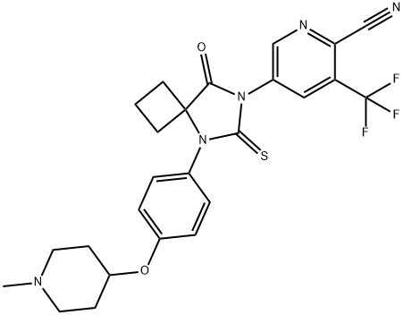 2-Pyridinecarbonitrile, 5-[5-[4-[(1-methyl-4-piperidinyl)oxy]phenyl]-8-oxo-6-thioxo-5,7-diazaspiro[3.4]oct-7-yl]-3-(trifluoromethyl)- Structure