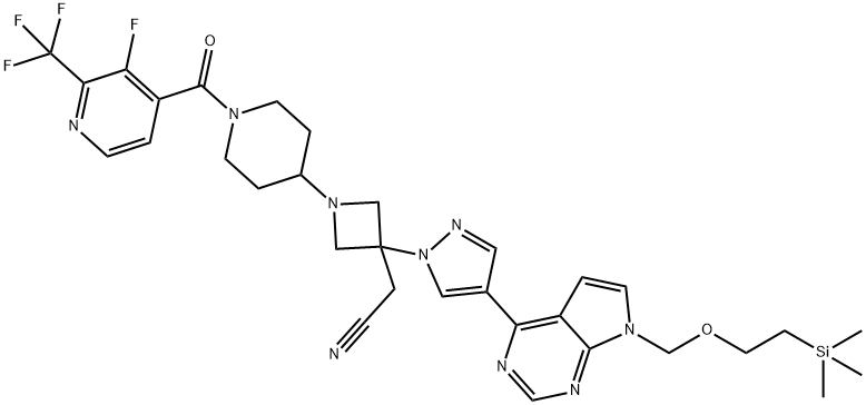 3-Azetidineacetonitrile, 1-[1-[[3-fluoro-2-(trifluoromethyl)-4-pyridinyl]carbonyl]-4-piperidinyl]-3-[4-[7-[[2-(trimethylsilyl)ethoxy]methyl]-7H-pyrrolo[2,3-d]pyrimidin-4-yl]-1H-pyrazol-1-yl]- Struktur