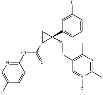 Cyclopropanecarboxamide, 2-[[(2,4-dimethyl-1-oxido-5-pyrimidinyl)oxy]methyl]-2-(3-fluorophenyl)-N-(5-fluoro-2-pyridinyl)-, (1R,2S)- Struktur