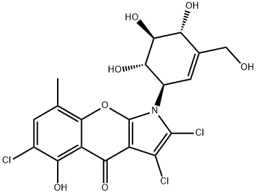 [1]Benzopyrano[2,3-b]pyrrol-4(1H)-one, 2,3,6-trichloro-5-hydroxy-8-methyl-1-[(1R,4R,5S,6S)-4,5,6-trihydroxy-3-(hydroxymethyl)-2-cyclohexen-1-yl]- Struktur