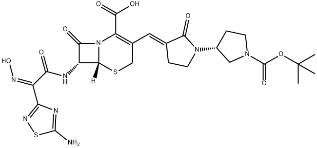 5-Thia-1-azabicyclo[4.2.0]oct-2-ene-2-carboxylic acid, 7-[[(2Z)-2-(5-amino-1,2,4-thiadiazol-3-yl)-2-(hydroxyimino)acetyl]amino]-3-[(E)-[(3'R)-1'-[(1,1-dimethylethoxy)carbonyl]-2-oxo[1,3'-bipyrrolidin]-3-ylidene]methyl]-8-oxo-, (6R,7R)- Structure