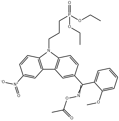 Phosphonic acid, P-[3-[3-[[(acetyloxy)imino](2-methoxyphenyl)methyl]-6-nitro-9H-carbazol-9-yl]propyl]-, diethyl ester Struktur