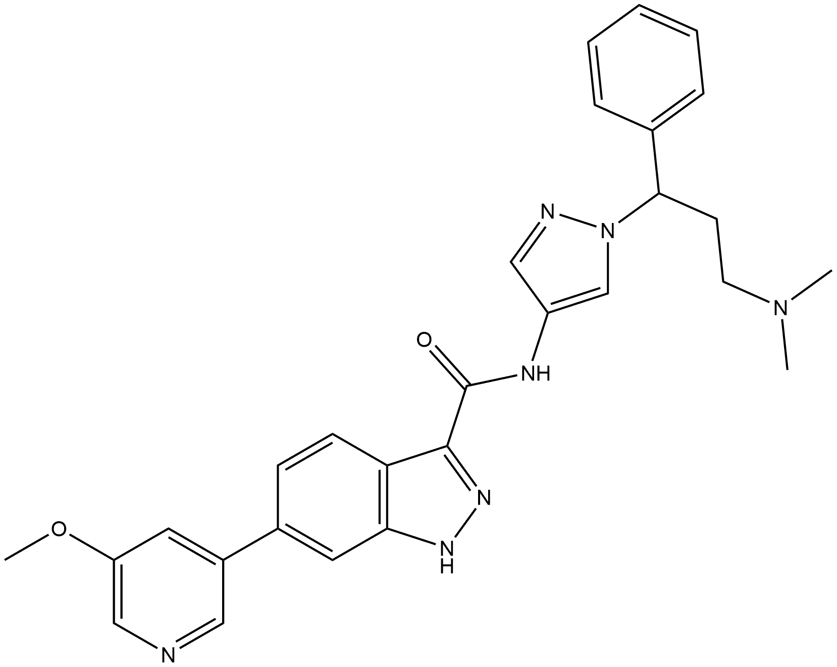 N-[1-[3-(Dimethylamino)-1-phenylpropyl]-1H-pyrazol-4-yl]-6-(5-methoxy-3-pyridinyl)-1H-indazole-3-carboxamide Struktur