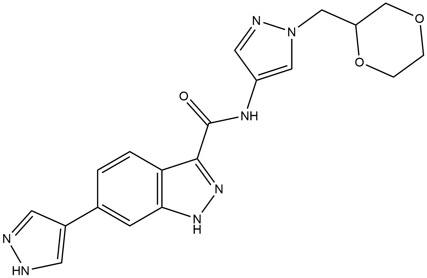 N-[1-(1,4-Dioxan-2-ylmethyl)-1H-pyrazol-4-yl]-6-(1H-pyrazol-4-yl)-1H-indazole-3-carboxamide Struktur