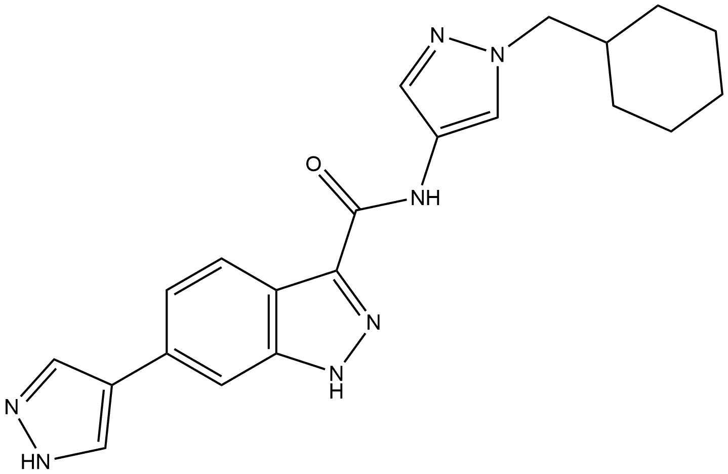 N-[1-(Cyclohexylmethyl)-1H-pyrazol-4-yl]-6-(1H-pyrazol-4-yl)-1H-indazole-3-carboxamide Struktur