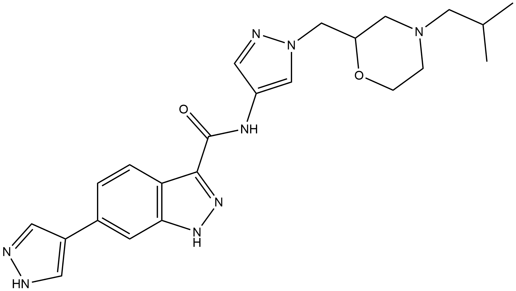 N-[1-[[4-(2-Methylpropyl)-2-morpholinyl]methyl]-1H-pyrazol-4-yl]-6-(1H-pyrazol-4-yl)-1H-indazole-3-carboxamide Struktur