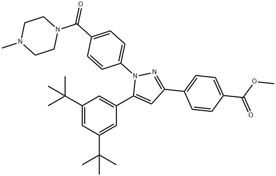 Benzoic acid, 4-[5-[3,5-bis(1,1-dimethylethyl)phenyl]-1-[4-[(4-methyl-1-piperazinyl)carbonyl]phenyl]-1H-pyrazol-3-yl]-, methyl ester Struktur