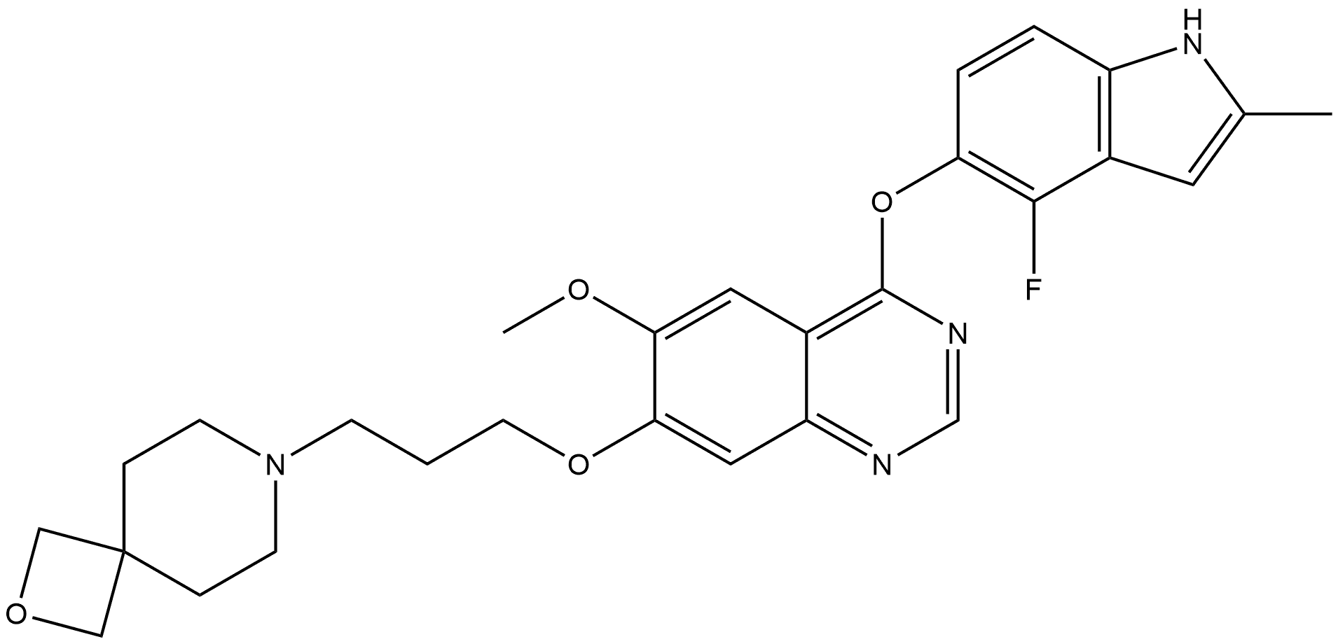 7-[3-[[4-[(4-Fluoro-2-methyl-1H-indol-5-yl)oxy]-6-methoxy-7-quinazolinyl]oxy]propyl]-2-oxa-7-azaspiro[3.5]nonane Struktur