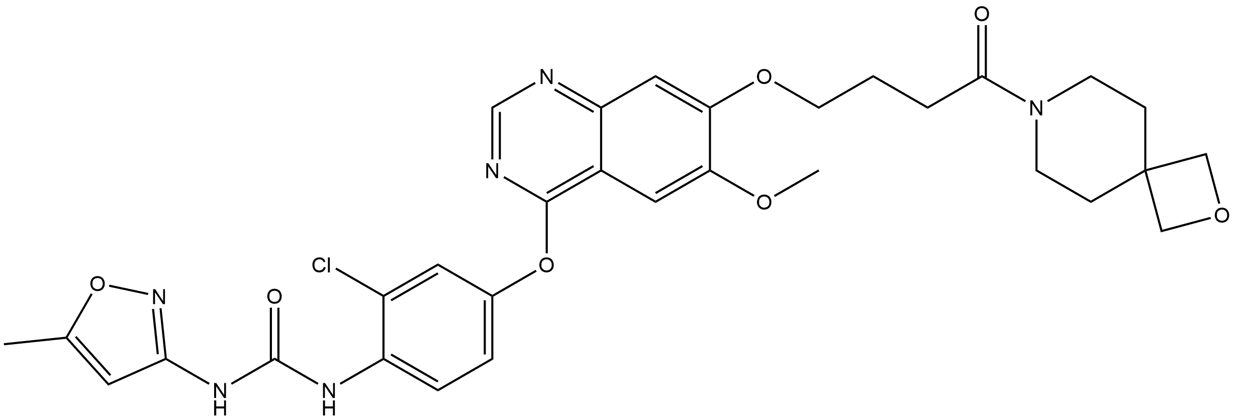 N-[2-Chloro-4-[[6-methoxy-7-[4-(2-oxa-7-azaspiro[3.5]non-7-yl)-4-oxobutoxy]-4-quinazolinyl]oxy]phenyl]-N′-(5-methyl-3-isoxazolyl)urea Struktur