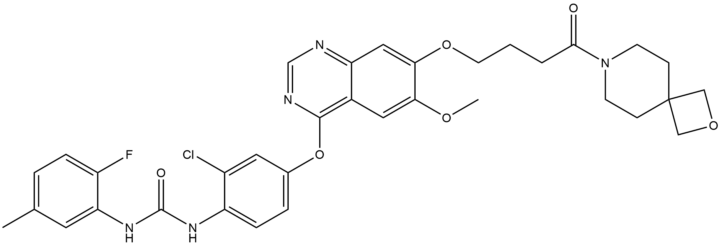 N-[2-Chloro-4-[[6-methoxy-7-[4-(2-oxa-7-azaspiro[3.5]non-7-yl)-4-oxobutoxy]-4-quinazolinyl]oxy]phenyl]-N′-(2-fluoro-5-methylphenyl)urea Struktur