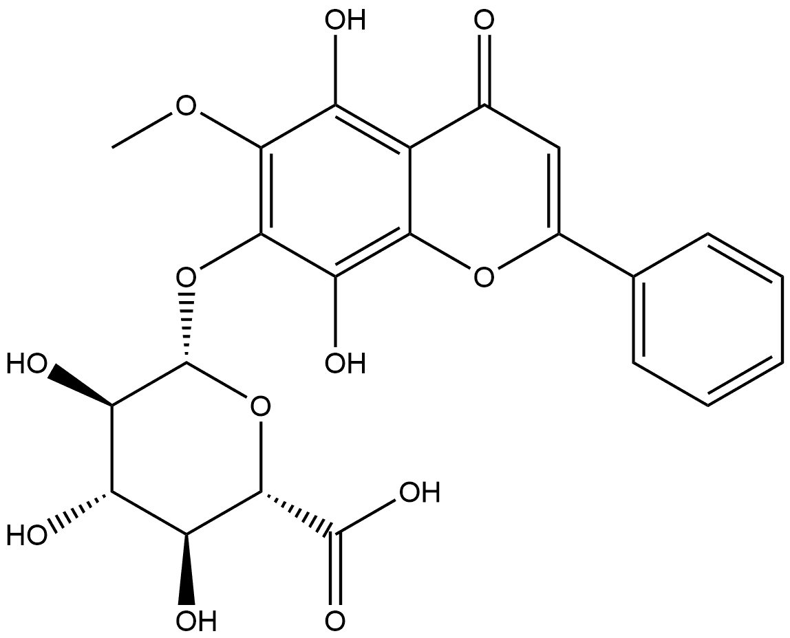β-D-Glucopyranosiduronic acid, 5,8-dihydroxy-6-methoxy-4-oxo-2-phenyl-4H-1-benzopyran-7-yl Struktur