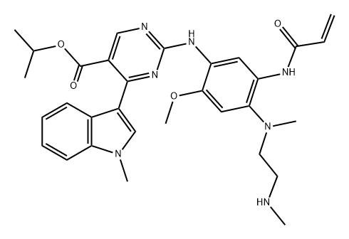 5-Pyrimidinecarboxylic acid, 2-[[2-methoxy-4-[methyl[2-(methylamino)ethyl]amino]-5-[(1-oxo-2-propen-1-yl)amino]phenyl]amino]-4-(1-methyl-1H-indol-3-yl)-, 1-methylethyl ester Struktur