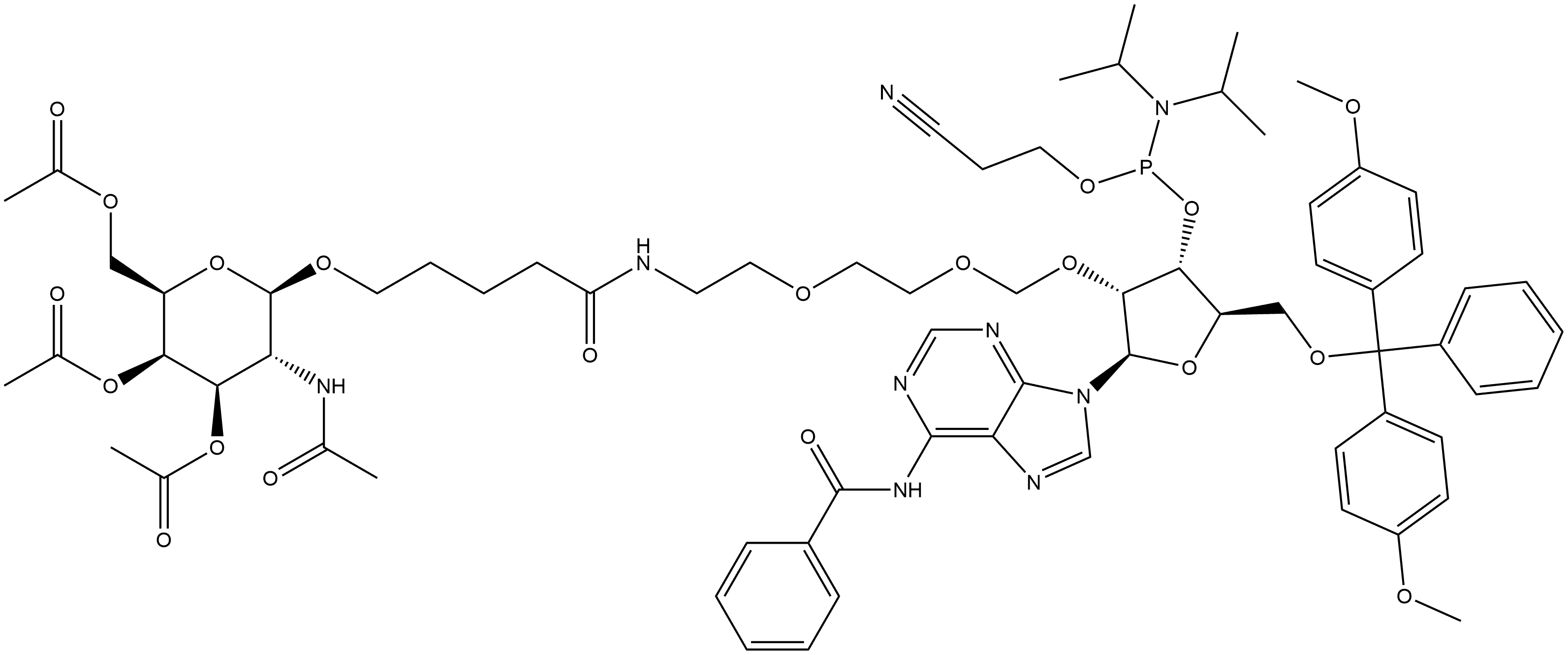 Adenosine, N-benzoyl-5'-O-[bis(4-methoxyphenyl)phenylmethyl]-2'-O-[[2-[2-[[1-oxo-5-[[3,4,6-tri-O-acetyl-2-(acetylamino)-2-deoxy-β-D-galactopyranosyl]oxy]pentyl]amino]ethoxy]ethoxy]methyl]-, 3'-[2-cyanoethyl N,N-bis(1-methylethyl)phosphoramidite] Struktur