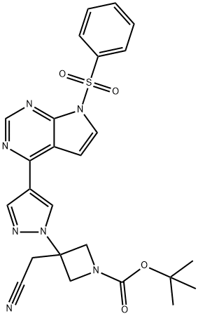 1-Azetidinecarboxylic acid, 3-(cyanomethyl)-3-[4-[7-(phenylsulfonyl)-7H-pyrrolo[2,3-d]pyrimidin-4-yl]-1H-pyrazol-1-yl]-, 1,1-dimethylethyl ester Struktur