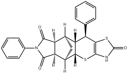 5,9-Methanothiazolo[5',4':5,6]thiopyrano[2,3-f]isoindole-2,6,8(7H)-trione, 3,4a,5,5a,8a,9,9a,10-octahydro-7,10-diphenyl-, (4aR,5R,5aS,8aS,9S,9aR,10S)- Struktur