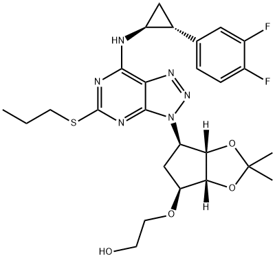 Ethanol, 2-[[(3aR,4S,6R,6aS)-6-[7-[[(1S,2R)-2-(3,4-difluorophenyl)cyclopropyl]amino]-5-(propylthio)-3H-1,2,3-triazolo[4,5-d]pyrimidin-3-yl]tetrahydro-2,2-dimethyl-4H-cyclopenta-1,3-dioxol-4-yl]oxy]- Struktur