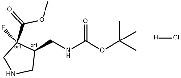 3-Pyrrolidinecarboxylic acid, 4-[[[(1,1-dimethylethoxy)carbonyl]amino]methyl]-3-fluoro-, methyl ester, hydrochloride (1:1), (3R,4R)-rel- Struktur