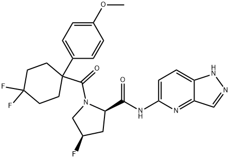 2-Pyrrolidinecarboxamide, 1-[[4,4-difluoro-1-(4-methoxyphenyl)cyclohexyl]carbonyl]-4-fluoro-N-1H-pyrazolo[4,3-b]pyridin-5-yl-, (2R,4R)- Struktur