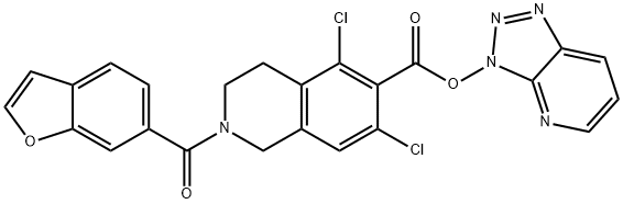6-Isoquinolinecarboxylic acid, 2-(6-benzofuranylcarbonyl)-5,7-dichloro-1,2,3,4-tetrahydro-, 3H-1,2,3-triazolo[4,5-b]pyridin-3-yl ester Struktur