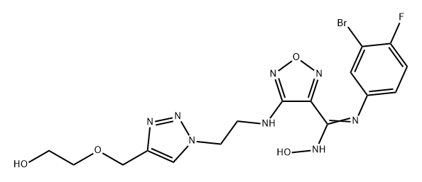 1,2,5-Oxadiazole-3-carboximidamide, N'-(3-bromo-4-fluorophenyl)-N-hydroxy-4-[[2-[4-[(2-hydroxyethoxy)methyl]-1H-1,2,3-triazol-1-yl]ethyl]amino]- Struktur