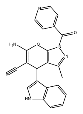 Pyrano[2,3-c]pyrazole-5-carbonitrile, 6-amino-1,4-dihydro-4-(1H-indol-3-yl)-3-methyl-1-(4-pyridinylcarbonyl)- Struktur
