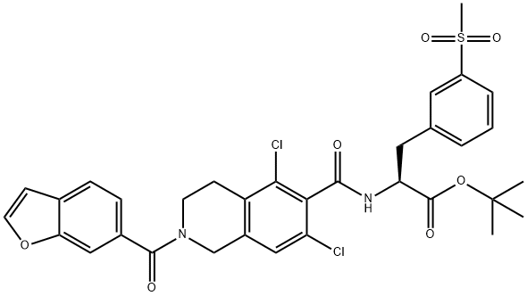 L-Phenylalanine, N-[[2-(6-benzofuranylcarbonyl)-5,7-dichloro-1,2,3,4-tetrahydro-6-isoquinolinyl]carbonyl]-3-(methylsulfonyl)-, 1,1-dimethylethyl ester Struktur