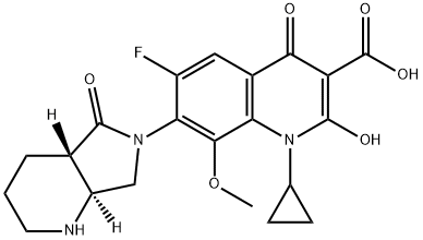 3-Quinolinecarboxylic acid, 1-cyclopropyl-6-fluoro-1,4-dihydro-2-hydroxy-8-methoxy-7-[(4aS,7aS)-octahydro-5-oxo-6H-pyrrolo[3,4-b]pyridin-6-yl]-4-oxo- Struktur