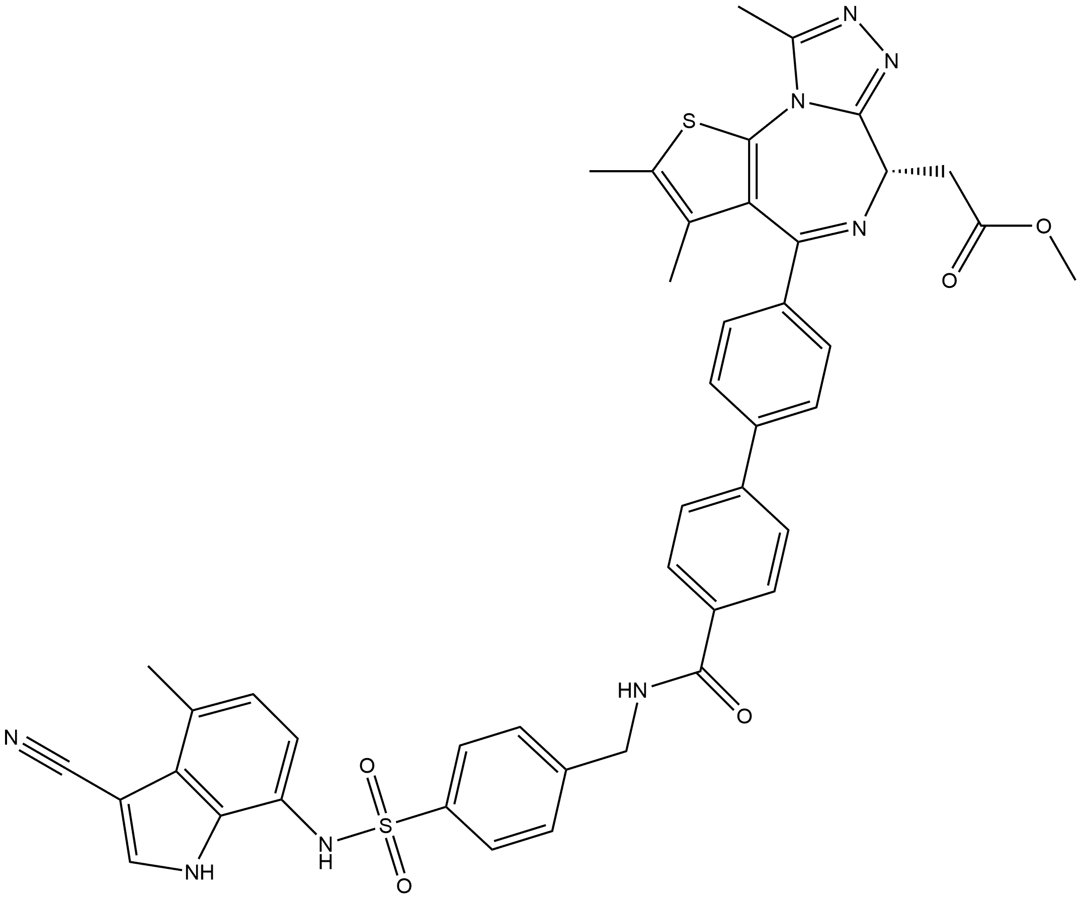 Methyl (6S)-4-[4′-[[[[4-[[(3-cyano-4-methyl-1H-indol-7-yl)amino]sulfonyl]phenyl]methyl]amino]carbonyl][1,1′-biphenyl]-4-yl]-2,3,9-trimethyl-6H-thieno[3,2-f][1,2,4]triazolo[4,3-a][1,4]diazepine-6-acetate Struktur