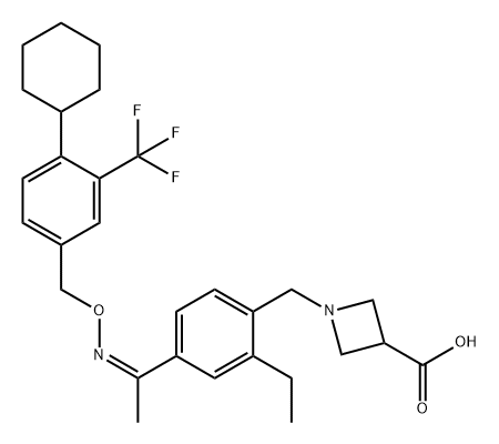 3-Azetidinecarboxylic acid, 1-[[4-[(1Z)-1-[[[4-cyclohexyl-3-(trifluoromethyl)phenyl]methoxy]imino]ethyl]-2-ethylphenyl]methyl]- Struktur