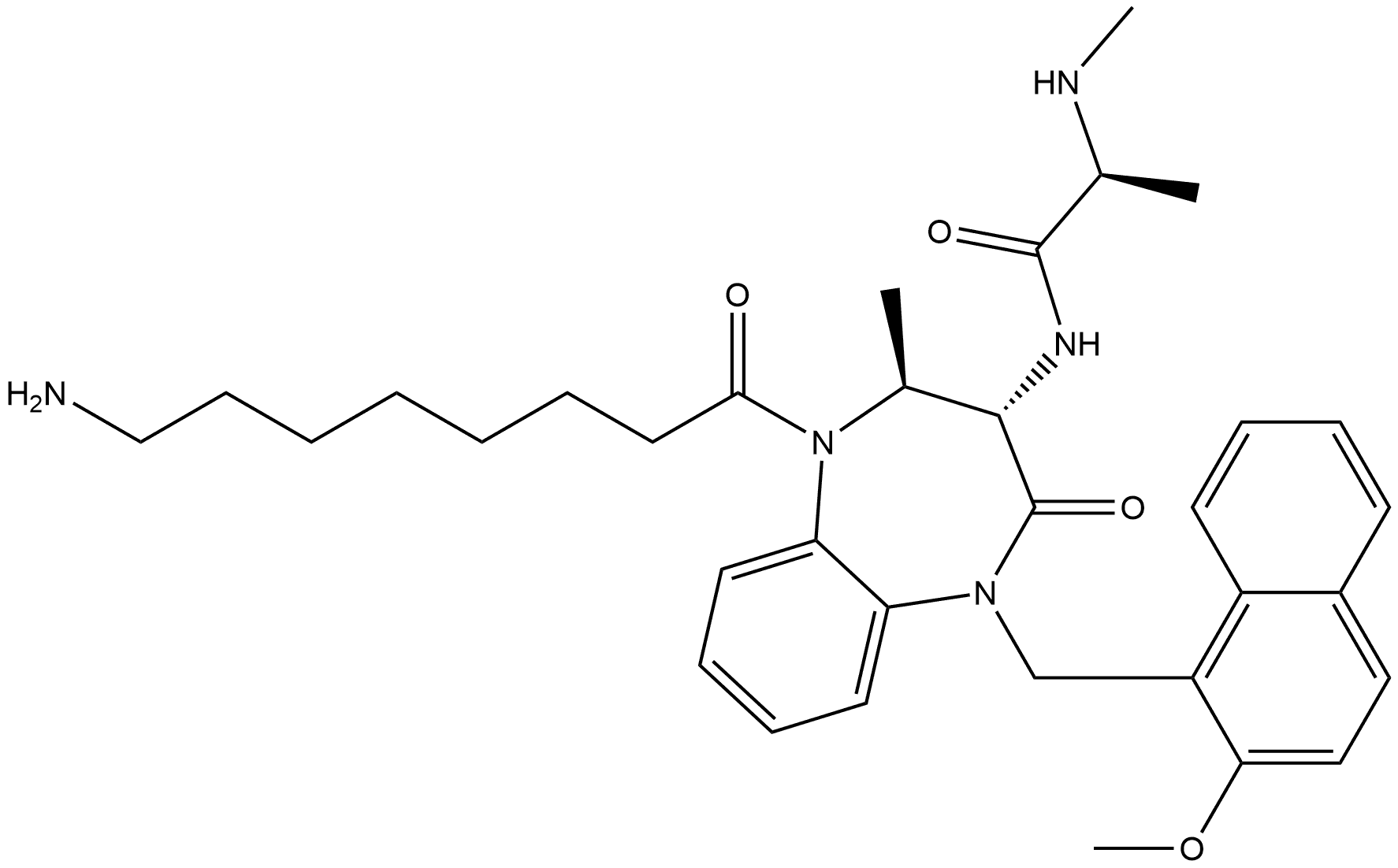 (2S)-N-[(2S,3S)-1-(8-Amino-1-oxooctyl)-2,3,4,5-tetrahydro-5-[(2-methoxy-1-naphthalenyl)methyl]-2-methyl-4-oxo-1H-1,5-benzodiazepin-3-yl]-2-(methylamino)propanamide Struktur