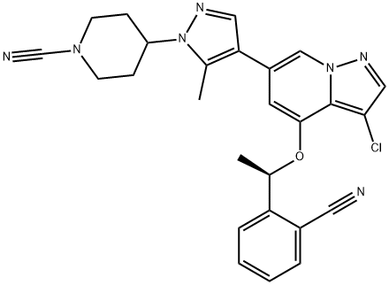 1-Piperidinecarbonitrile, 4-[4-[3-chloro-4-[(1R)-1-(2-cyanophenyl)ethoxy]pyrazolo[1,5-a]pyridin-6-yl]-5-methyl-1H-pyrazol-1-yl]- Structure