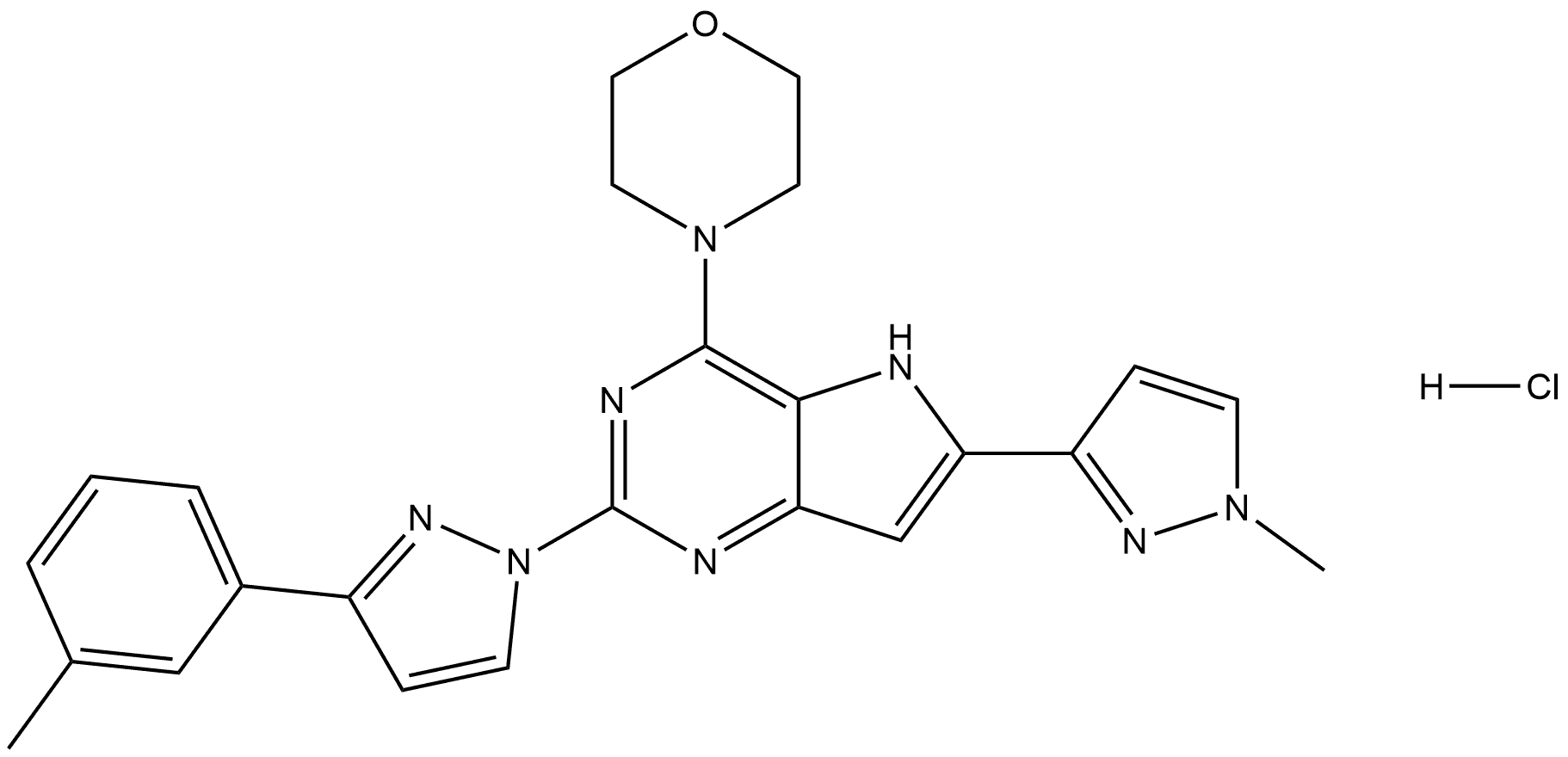5H-Pyrrolo[3,2-d]pyrimidine, 2-[3-(3-methylphenyl)-1H-pyrazol-1-yl]-6-(1-methyl-1H-pyrazol-3-yl)-4-(4-morpholinyl)-, hydrochloride (1:1) Struktur