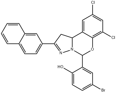 4-bromo-2-[10,12-dichloro-4-(naphthalen-2-yl)-8-oxa-5,6-diazatricyclo[7.4.0.0^{2,6}]trideca-1(9),4,10,12-tetraen-7-yl]phenol Struktur
