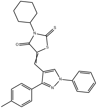 (5Z)-3-cyclohexyl-5-[[3-(4-methylphenyl)-1-phenylpyrazol-4-yl]methylidene]-2-sulfanylidene-1,3-thiazolidin-4-one Struktur