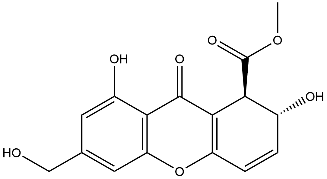 1H-Xanthene-1-carboxylic acid, 2,9-dihydro-2,8-dihydroxy-6-(hydroxymethyl)-9-oxo-, methyl ester, (1R,2R)-rel-(-)- Struktur