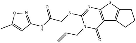 N-(5-Methyl-1,2-oxazol-3-yl)-2-[(12-oxo-11-prop-2-enyl-7-thia-9,11-diazatricyclo[6.4.0.02,6]dodeca-1(8),2(6),9-trien-10-yl)sulfanyl]acetamide Struktur